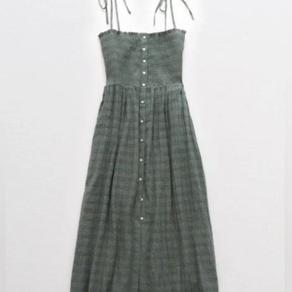 Aerie Olive Green Smocked Midi Dress Tie Straps with Pockets - Picture 2 of 8